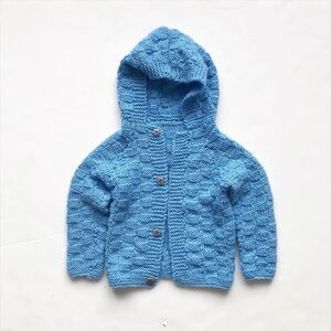 Hand knit blue hooded open front sweater 18-24m